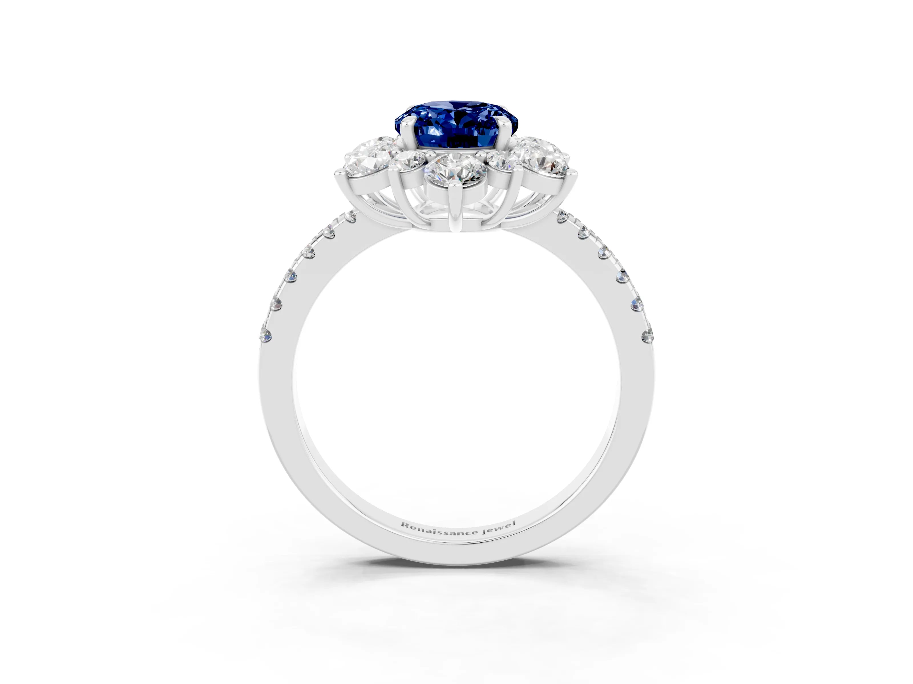 White gold Oval Cut Cut Diamond Floral Halo Pave Band with Prong Setting_3