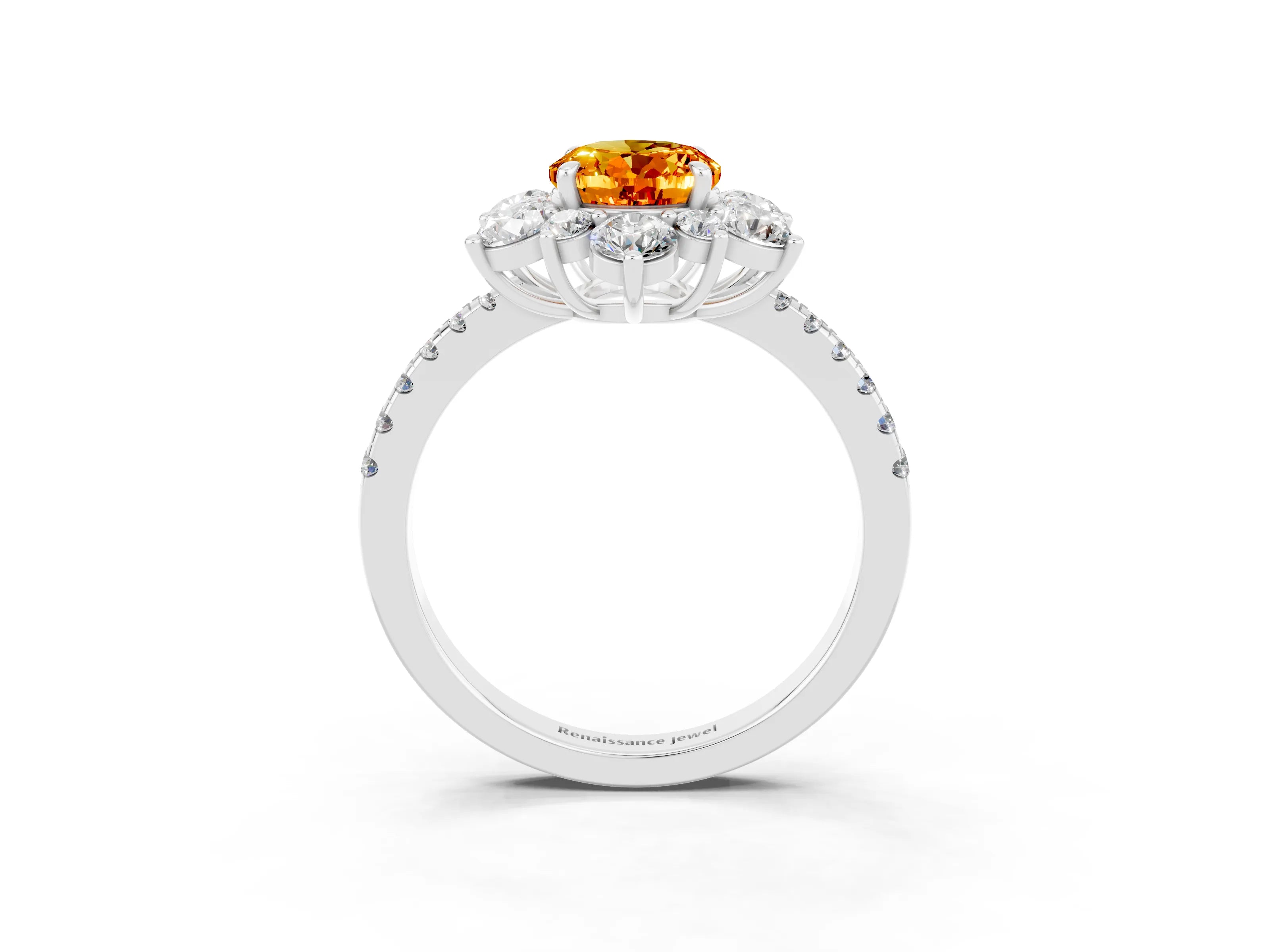White gold Oval Cut Cut Diamond Floral Halo Pave Band with Prong Setting_3