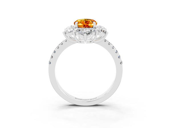 Platinum Oval Cut Citrine Floral Halo Ring with Round Pavé Band and Prong Setting