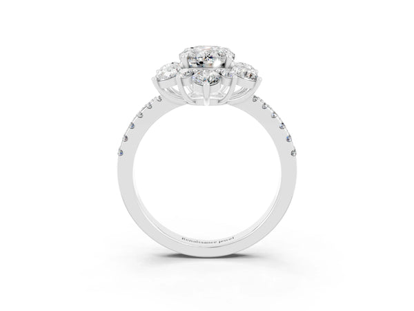 White gold Oval Cut Moissanite Floral Halo Ring with Round Pavé Band and Prong Setting