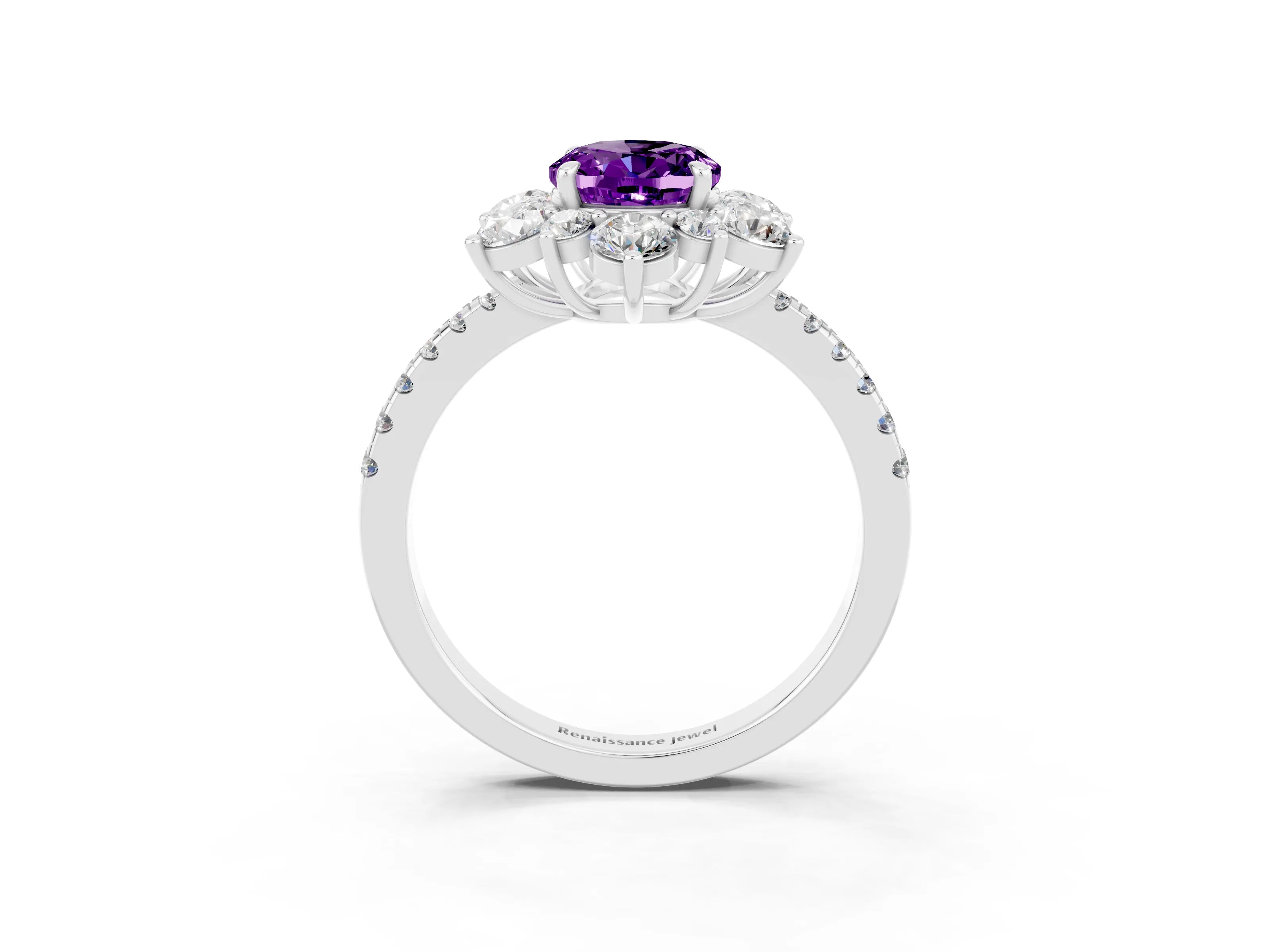 White gold Oval Cut Cut Diamond Floral Halo Pave Band with Prong Setting_3