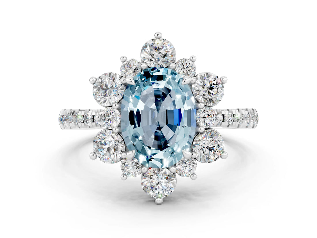 White gold Oval Cut Cut Diamond Floral Halo Pave Band with Prong Setting