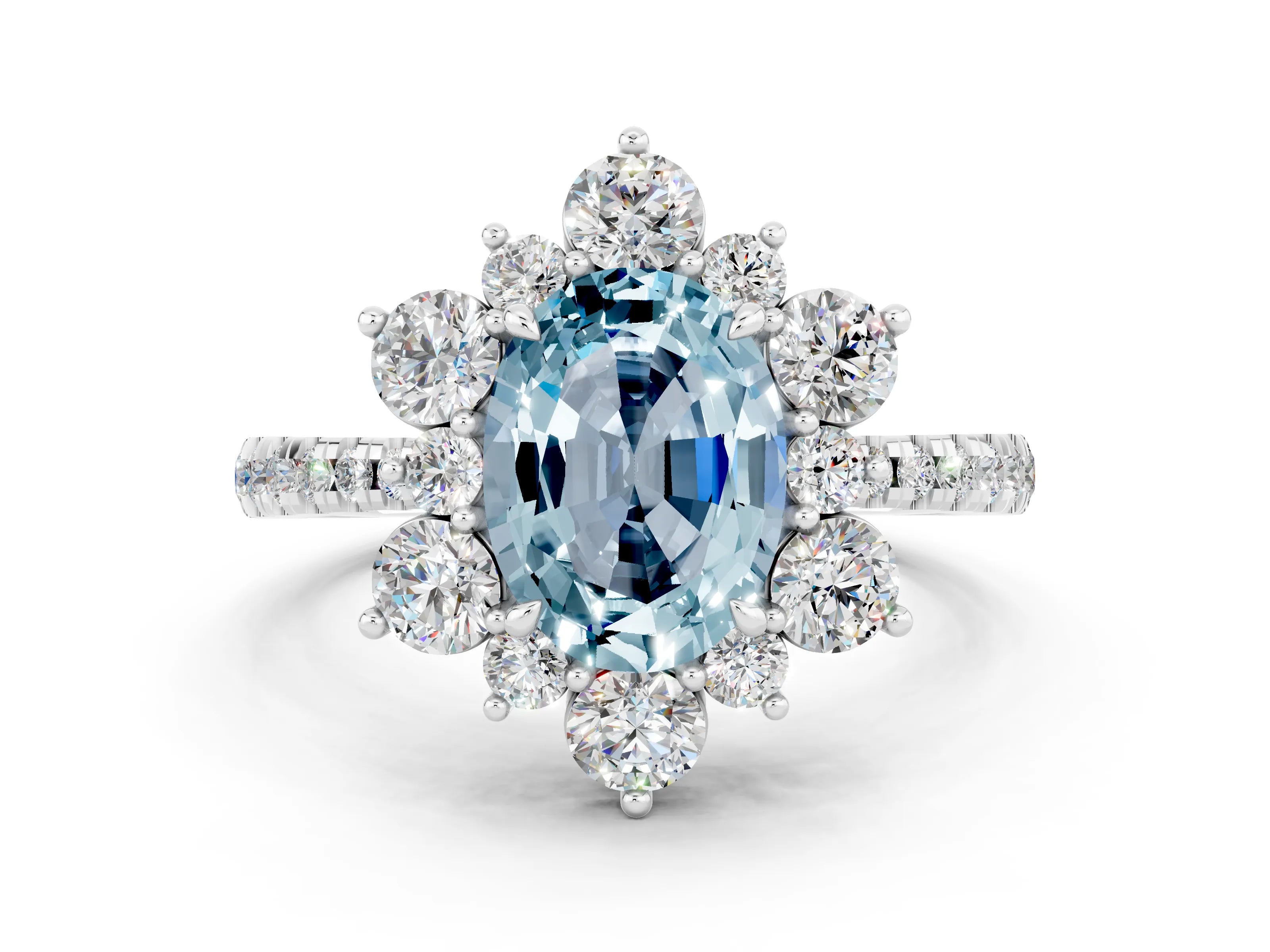 White gold Oval Cut Cut Diamond Floral Halo Pave Band with Prong Setting