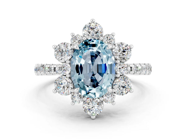 Platinum Oval Cut Cut Diamond Floral Halo Pave Band with Prong Setting
