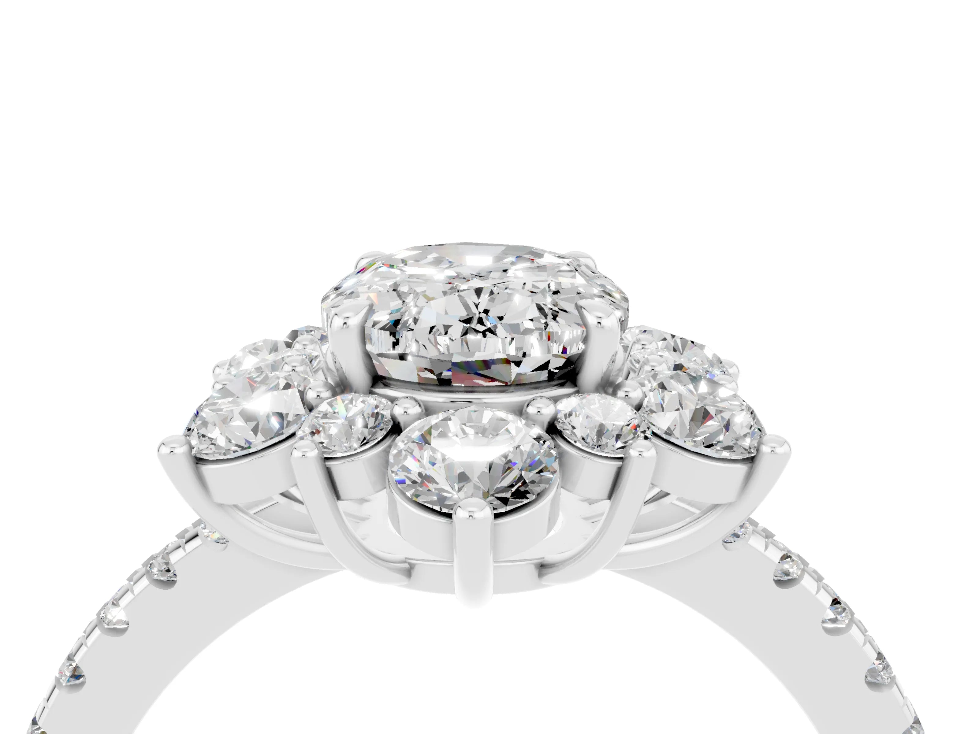 White gold Oval Cut Cut Diamond Floral Halo Pave Band with Prong Setting_4