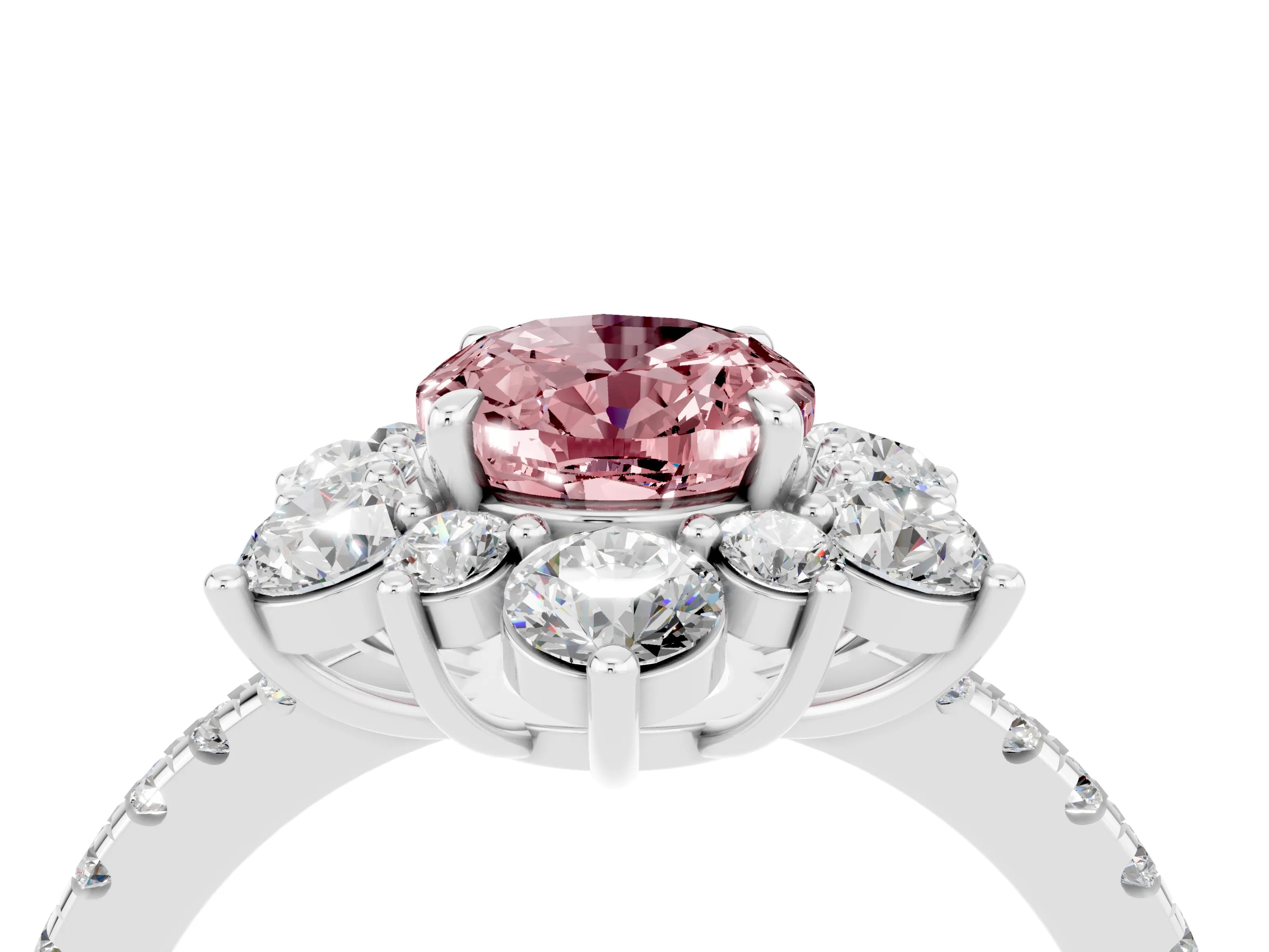 White gold Oval Cut Cut Diamond Floral Halo Pave Band with Prong Setting_4