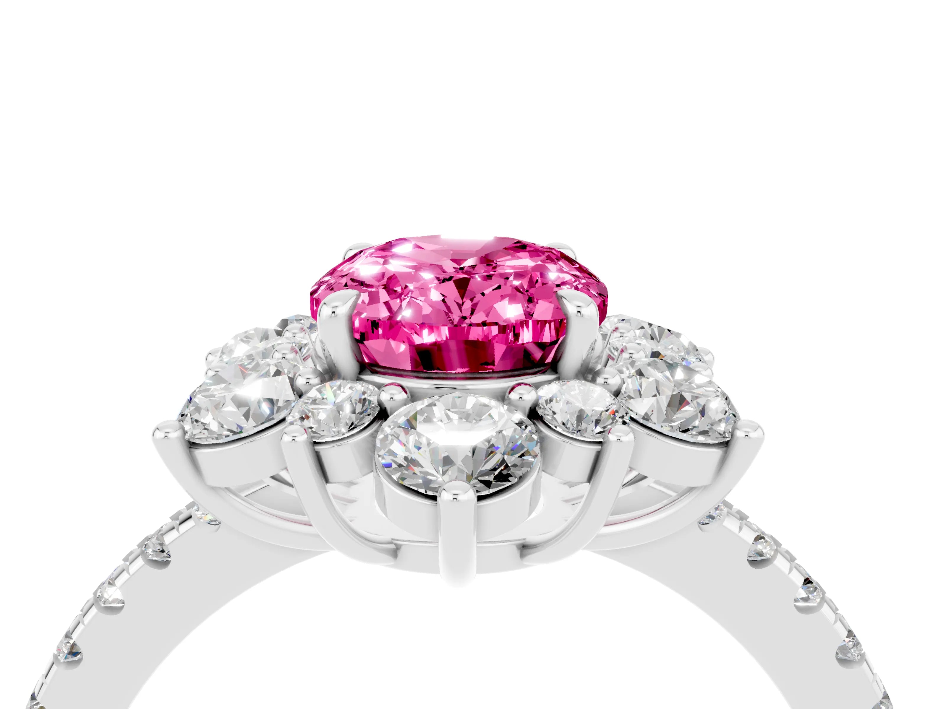 White gold Oval Cut Cut Diamond Floral Halo Pave Band with Prong Setting_4