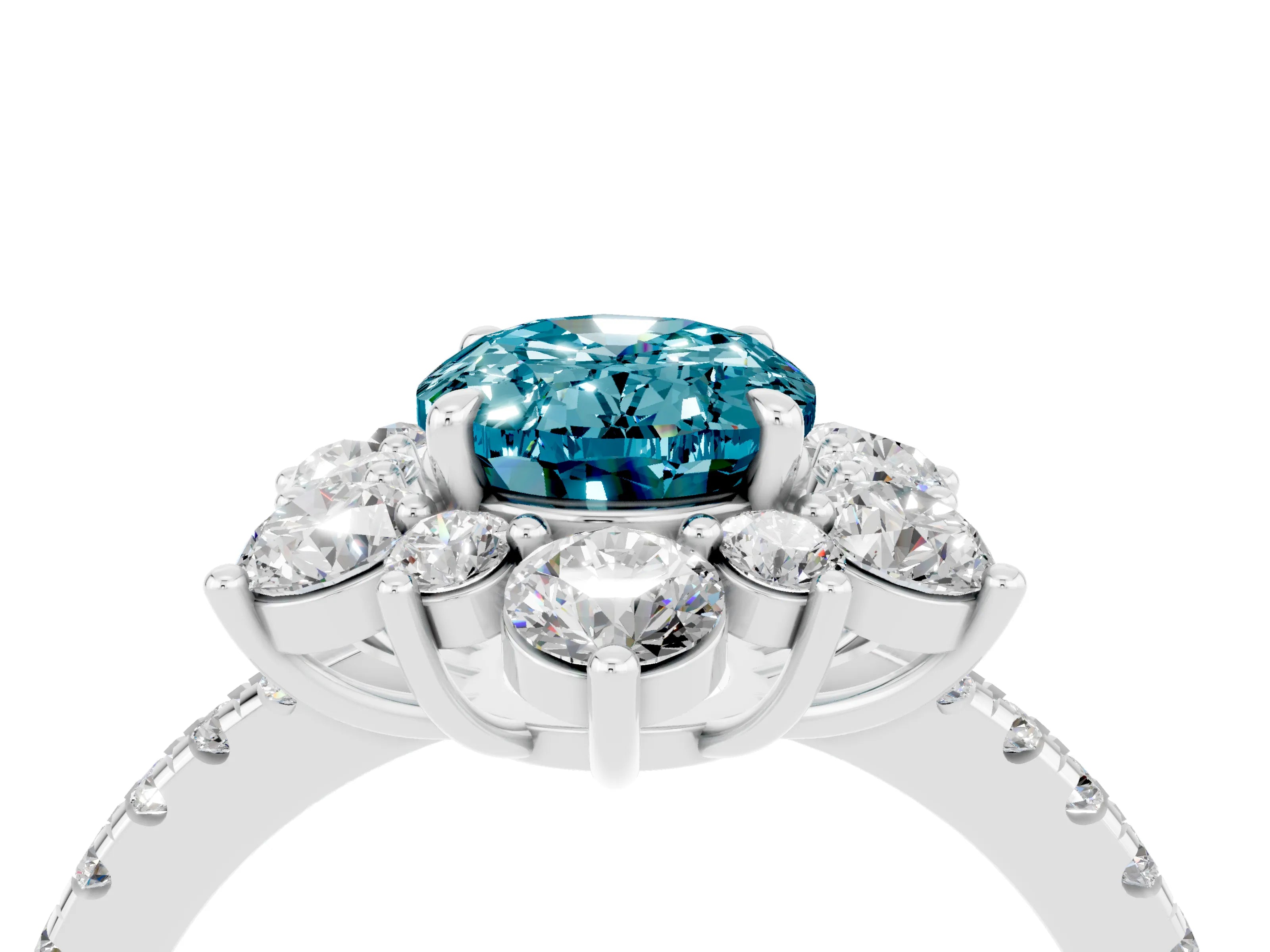 White gold Oval Cut Cut Diamond Floral Halo Pave Band with Prong Setting_4