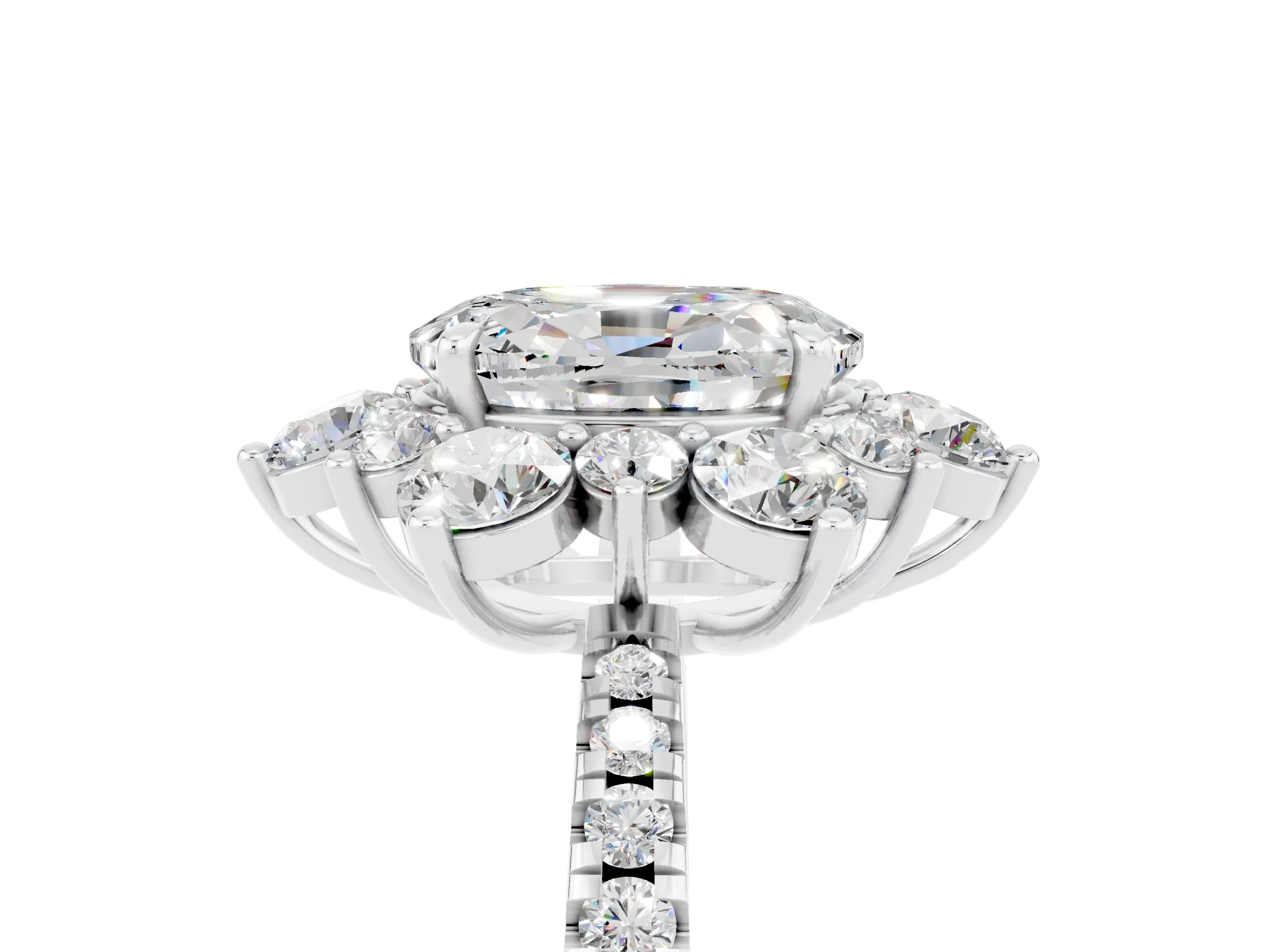 White gold Oval Cut Cut Diamond Floral Halo Pave Band with Prong Setting_5