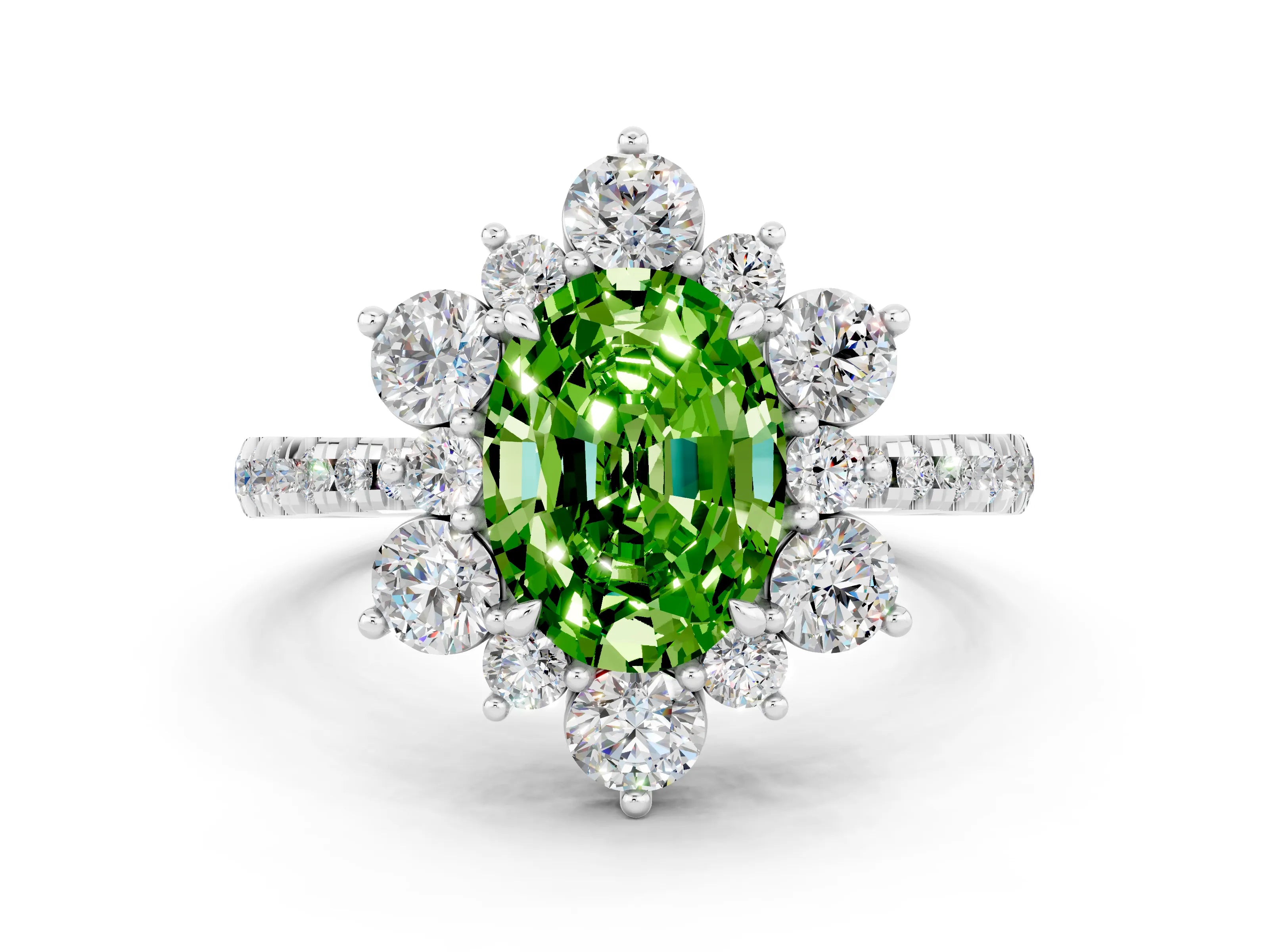 White gold Oval Cut Cut Diamond Floral Halo Pave Band with Prong Setting