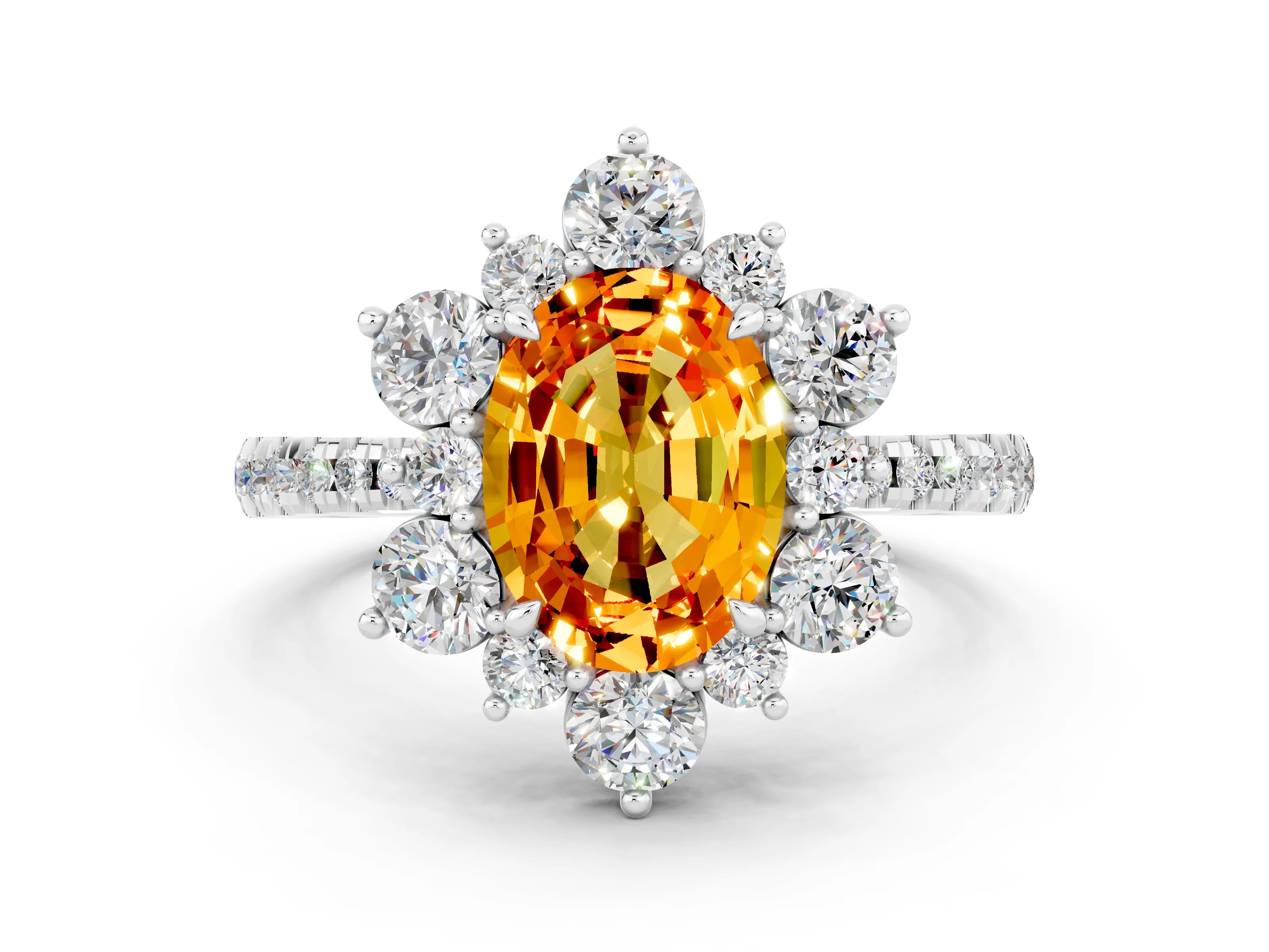 White gold Oval Cut Cut Diamond Floral Halo Pave Band with Prong Setting