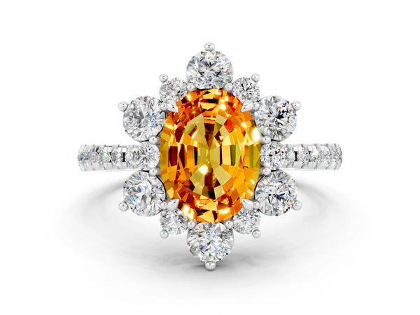 Silver Oval Cut Citrine Floral Halo Ring with Round Pavé Band and Prong Setting