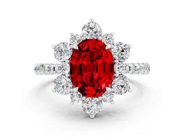 Silver Oval Cut Ruby Floral Halo Ring with Round Pavé Band and Prong Setting