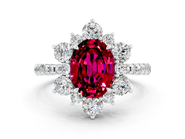 White gold Oval Cut Garnet Floral Halo Ring with Round Pavé Band and Prong Setting