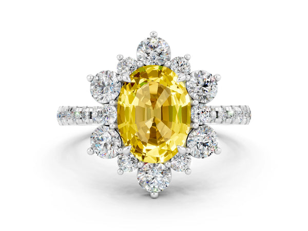 White gold Oval Cut Yellow Sapphire Floral Halo Ring with Round Pavé Band and Prong Setting