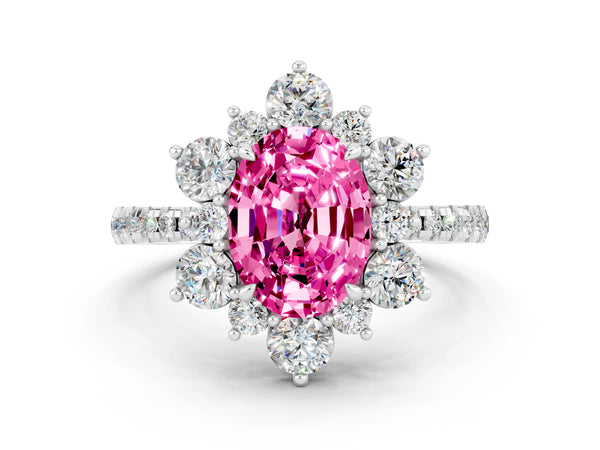 Platinum Oval Cut Cut Diamond Floral Halo Pave Band with Prong Setting