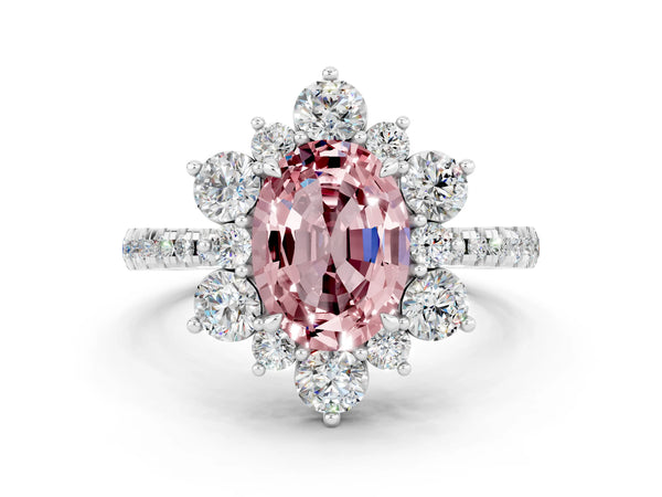 Platinum Oval Cut Cut Diamond Floral Halo Pave Band with Prong Setting