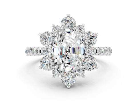 White gold Oval Cut Cut Diamond Floral Halo Pave Band with Prong Setting