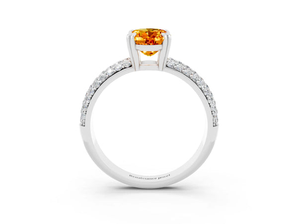 Platinum Oval Cut Citrine Vintage Milgrain Ring with Round  Stations