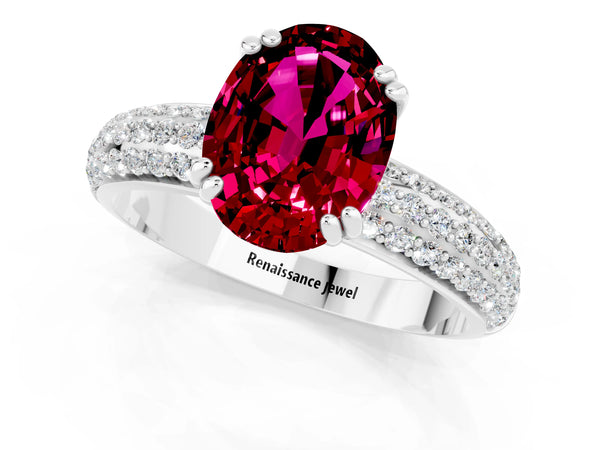White gold Oval Cut Garnet Vintage Milgrain Ring with Round  Stations