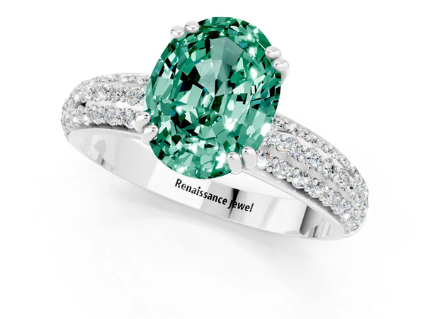 White gold Oval Cut Green Sapphire Vintage Milgrain Ring with Round  Stations
