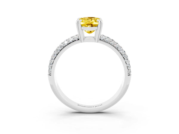 Silver Oval Cut Yellow Sapphire Vintage Milgrain Ring with Round  Stations