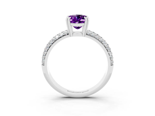Platinum Oval Cut Amethyst Vintage Milgrain Ring with Round  Stations