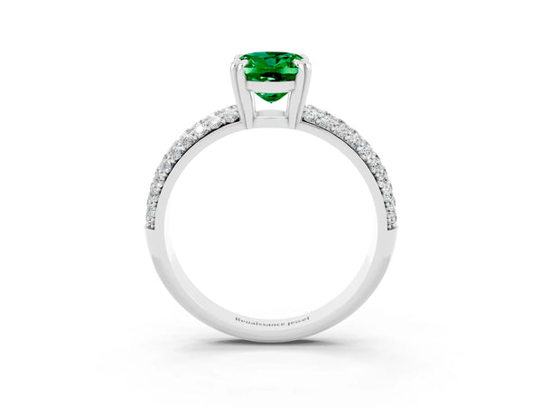 White gold Oval Cut Emerald Vintage Milgrain Ring with Round  Stations
