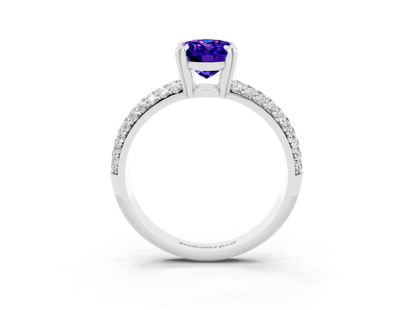 White gold Oval Cut Tanzanite Vintage Milgrain Ring with Round  Stations