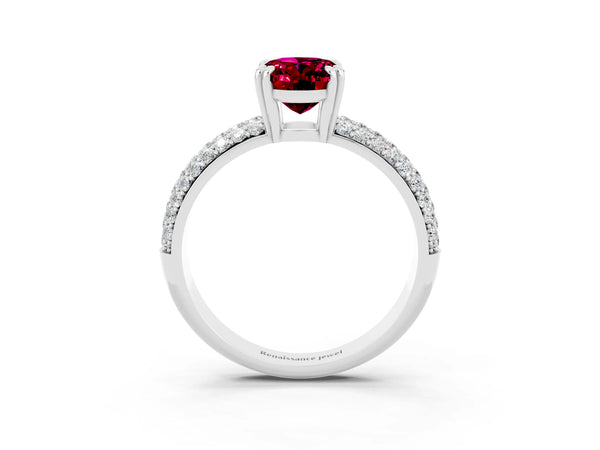 White gold Oval Cut Garnet Vintage Milgrain Ring with Round  Stations