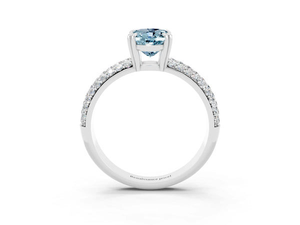 White Gold Oval Aquamarine Vintage Milgrain Engagement Ring with Marquise and Square Stations