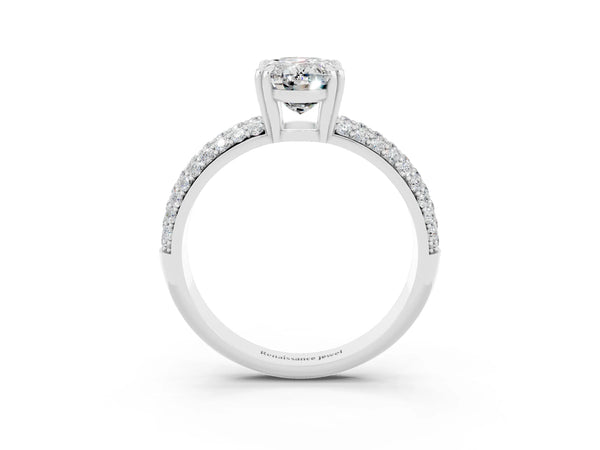 Silver Oval Cut Moissanite Vintage Milgrain Ring with Round  Stations