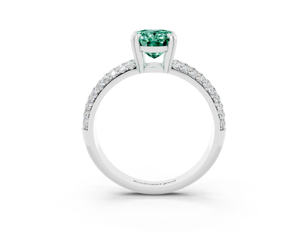 Silver Oval Cut Green Sapphire Vintage Milgrain Ring with Round  Stations