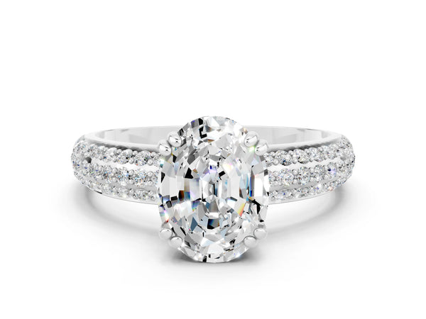 Silver Oval Cut Moissanite Vintage Milgrain Ring with Round  Stations