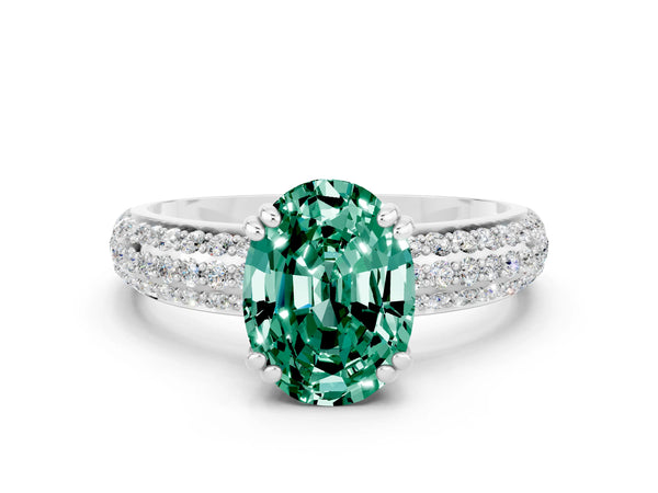 Silver Oval Cut Green Sapphire Vintage Milgrain Ring with Round  Stations