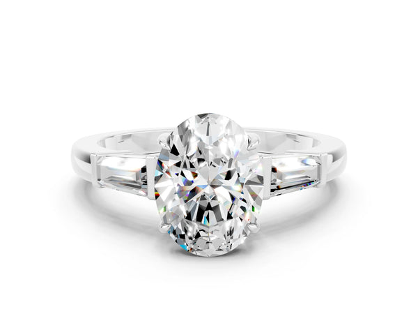 White gold Oval Cut Moissanite Three-Stone Ring with Tapered Baguette Side Stones and Prong Setting