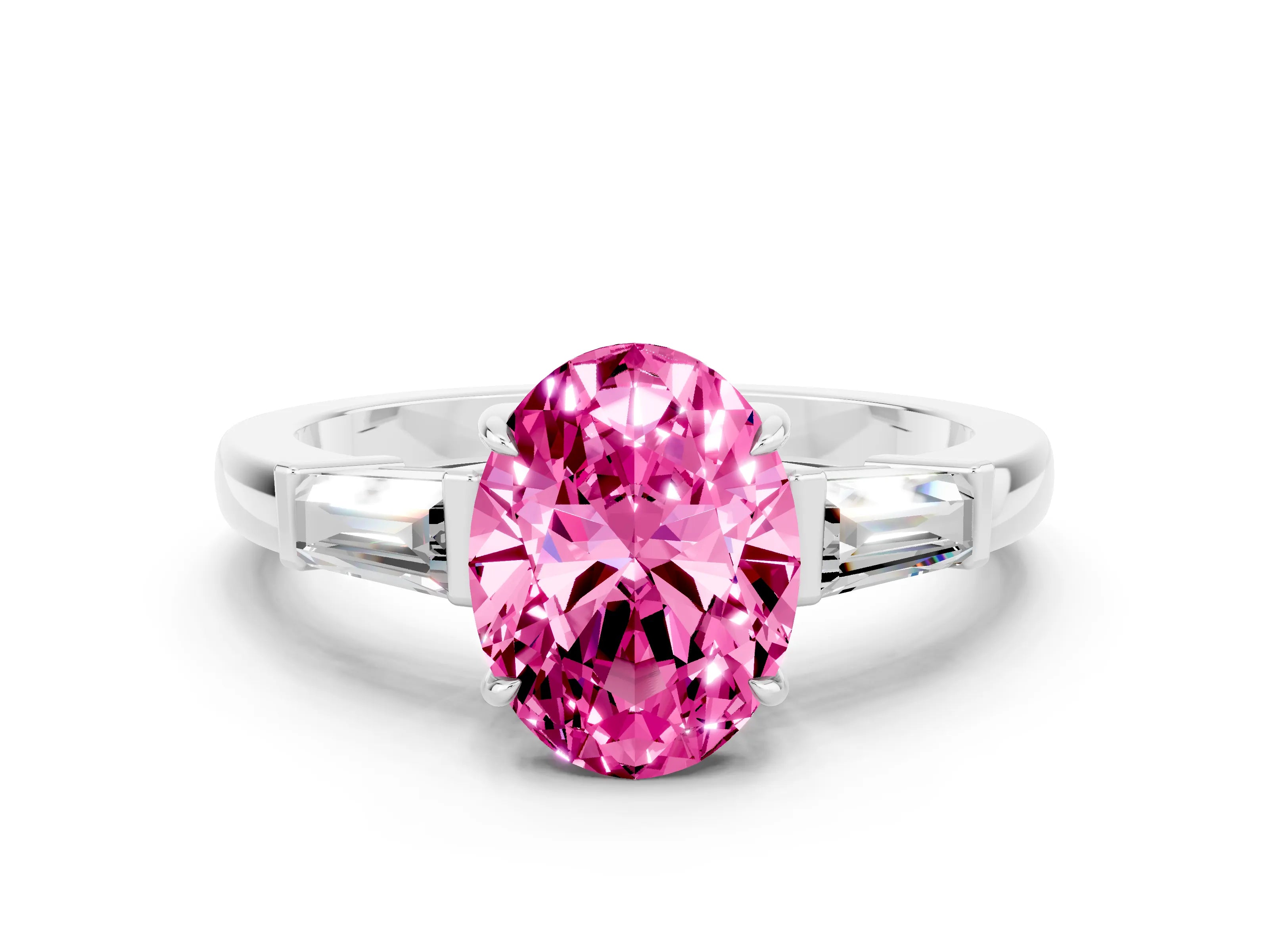 White gold Oval Cut Cut Diamond Ring with Tapered Baguette Side Stones in Four-Prong Setting
