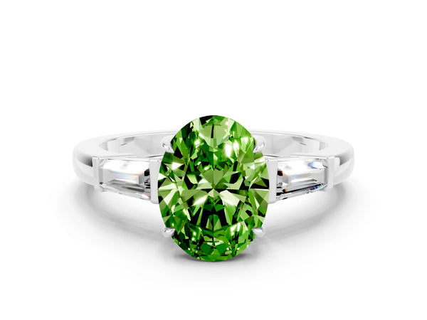 Silver Oval Cut Cut Diamond Ring with Tapered Baguette Side Stones in Four-Prong Setting