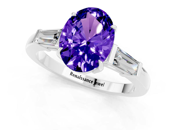 Silver Oval Cut Tanzanite Three-Stone Ring with Tapered Baguette Side Stones and Prong Setting