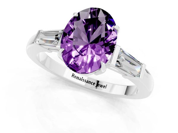 Platinum Oval Cut Amethyst Three-Stone Ring with Tapered Baguette Side Stones and Prong Setting