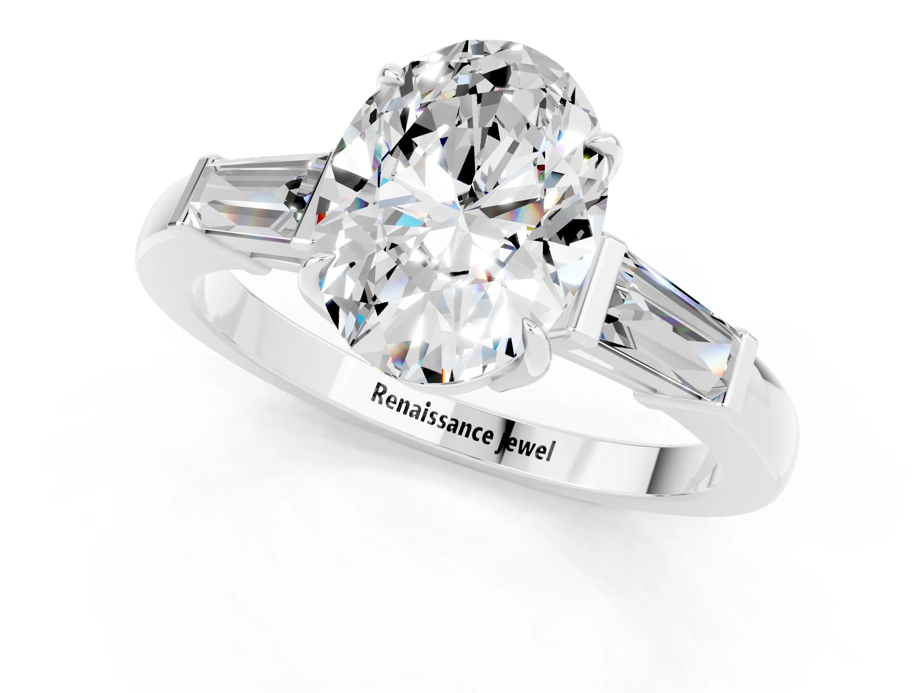 White gold Oval Cut Cut Diamond Ring with Tapered Baguette Side Stones in Four-Prong Setting_1