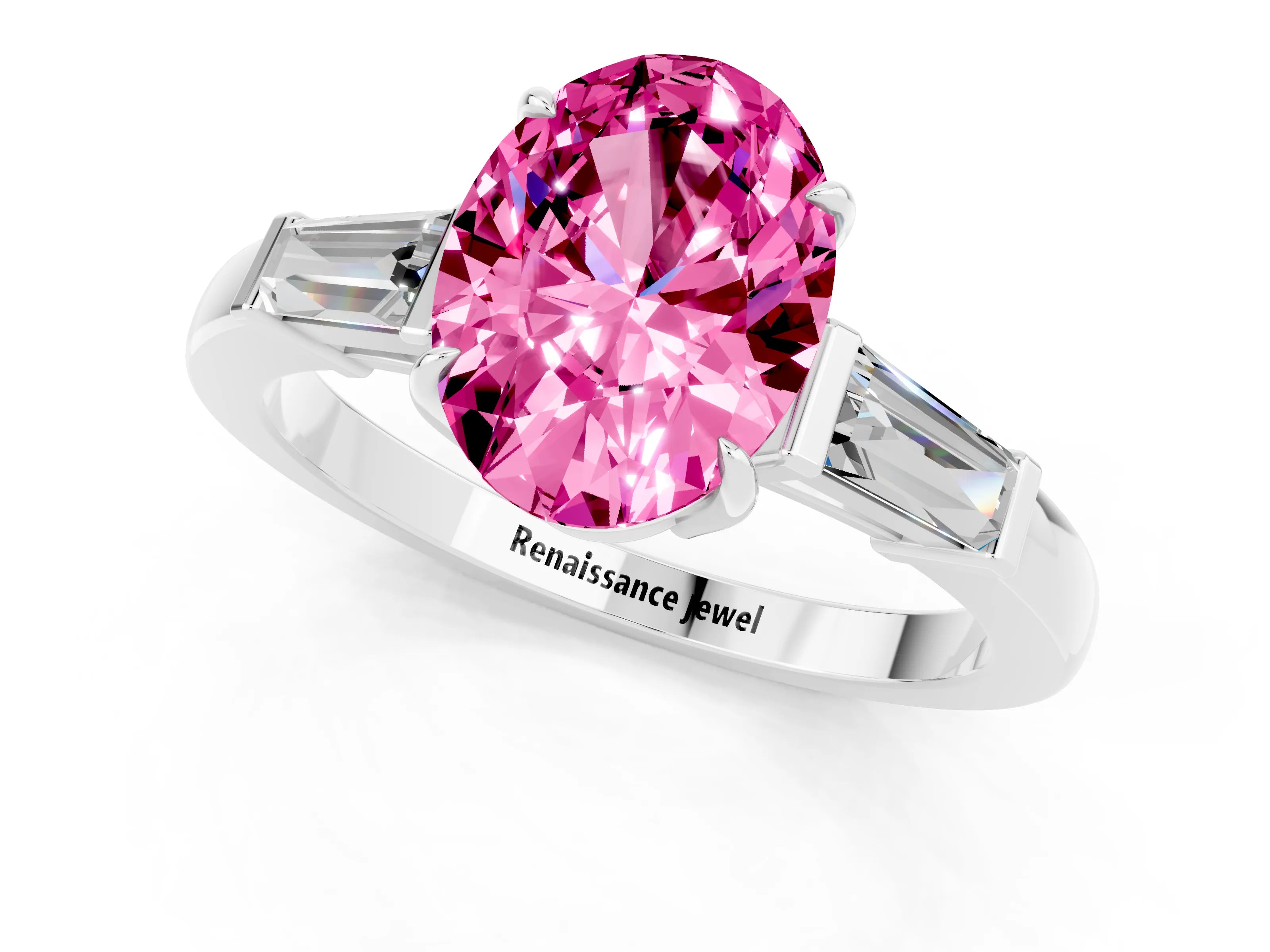 White gold Oval Cut Cut Diamond Ring with Tapered Baguette Side Stones in Four-Prong Setting_1