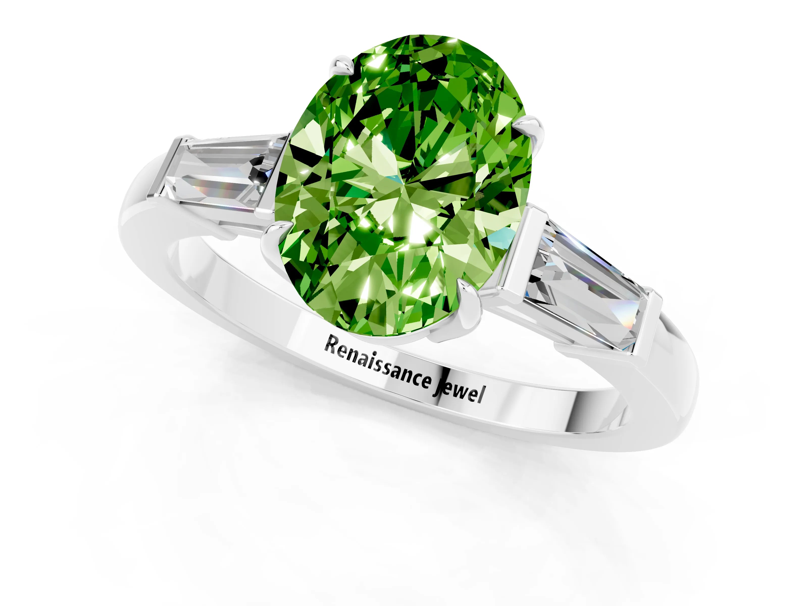 White gold Oval Cut Cut Diamond Ring with Tapered Baguette Side Stones in Four-Prong Setting_1