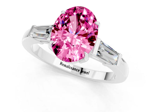 White gold Oval Cut Cut Diamond Ring with Tapered Baguette Side Stones in Four-Prong Setting_1
