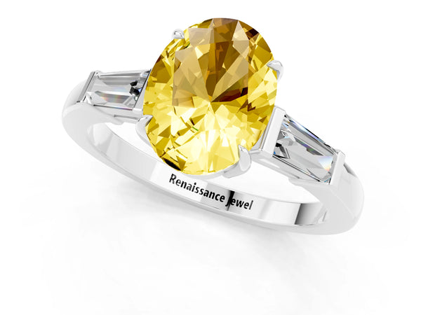 Platinum Oval Cut Yellow Sapphire Three-Stone Ring with Tapered Baguette Side Stones and Prong Setting