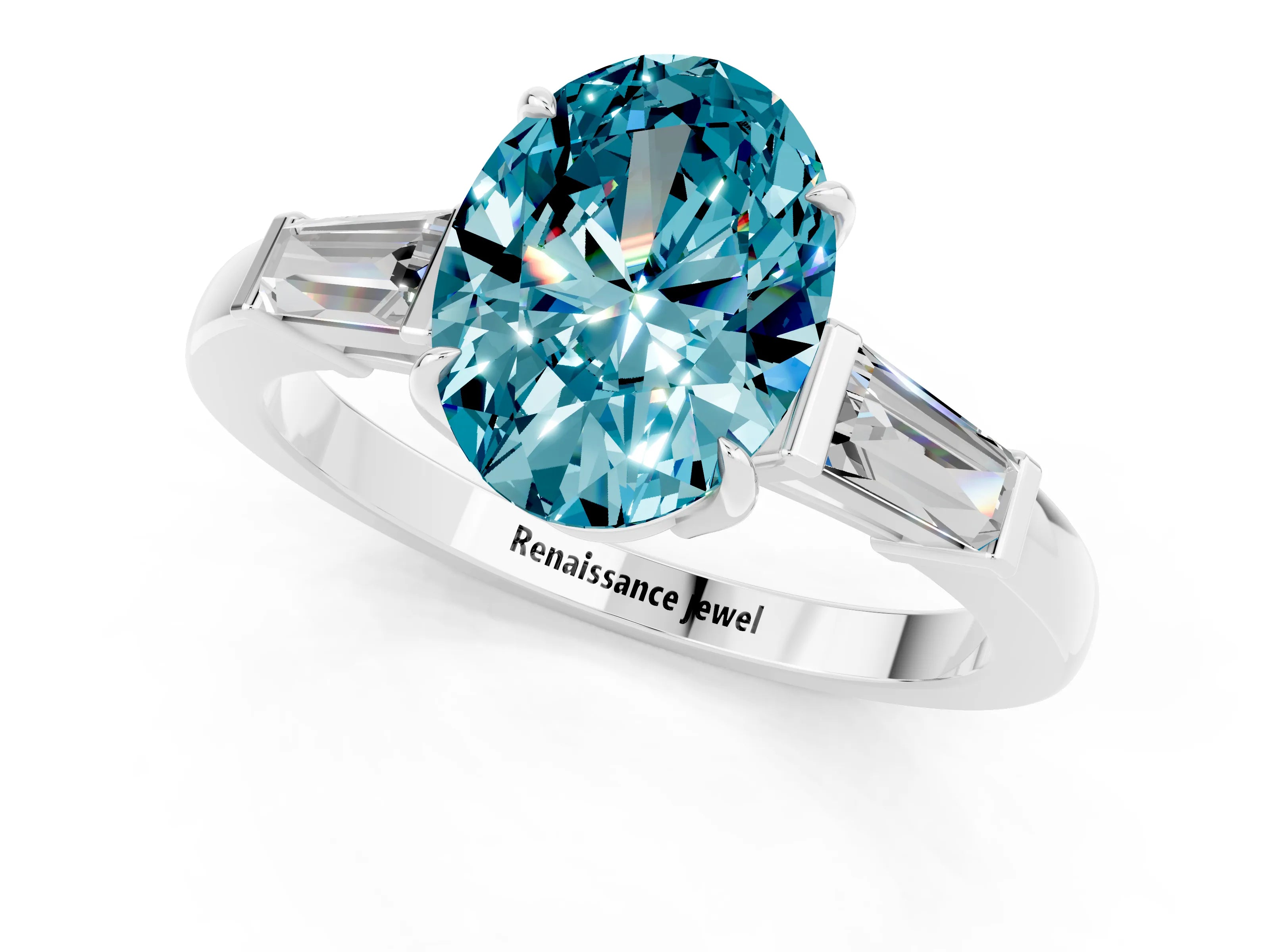 White gold Oval Cut Cut Diamond Ring with Tapered Baguette Side Stones in Four-Prong Setting_1