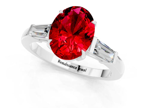 White gold Oval Cut Cut Diamond Ring with Tapered Baguette Side Stones in Four-Prong Setting_1