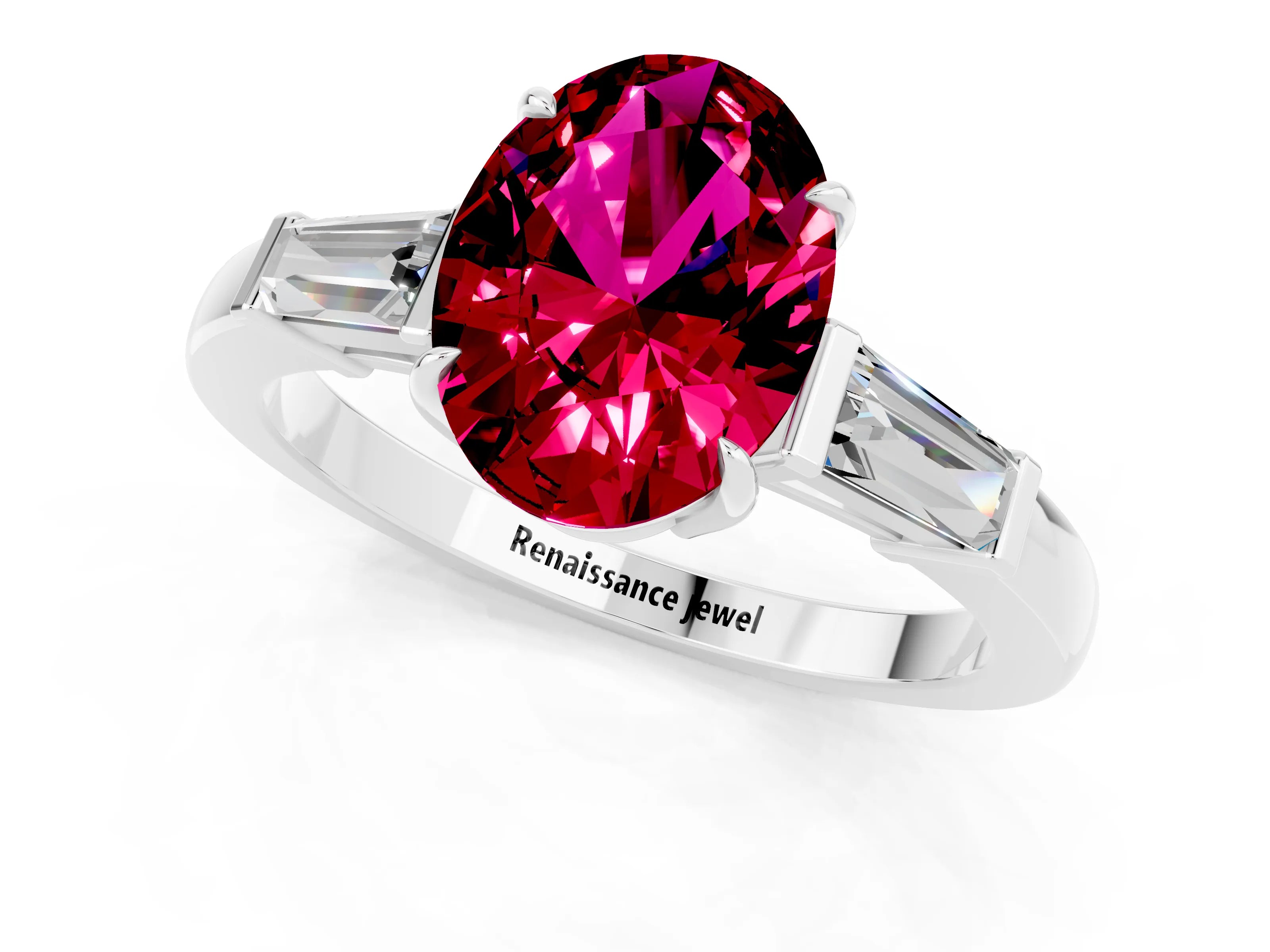 White gold Oval Cut Cut Diamond Ring with Tapered Baguette Side Stones in Four-Prong Setting_1