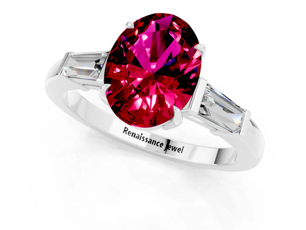 Silver Oval Cut Garnet Three-Stone Ring with Tapered Baguette Side Stones and Prong Setting