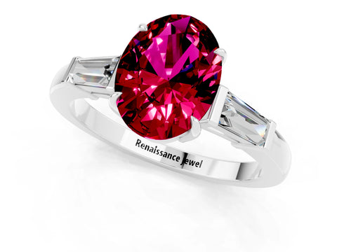 White gold Oval Cut Cut Diamond Ring with Tapered Baguette Side Stones in Four-Prong Setting_1